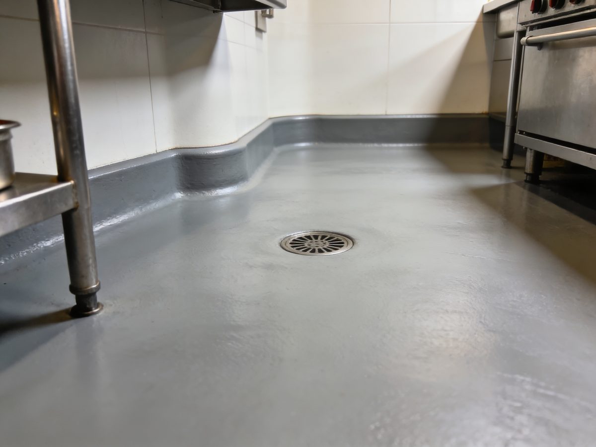 A commercial kitchen floor in seamless urethane cement with a coved base and a floor drain