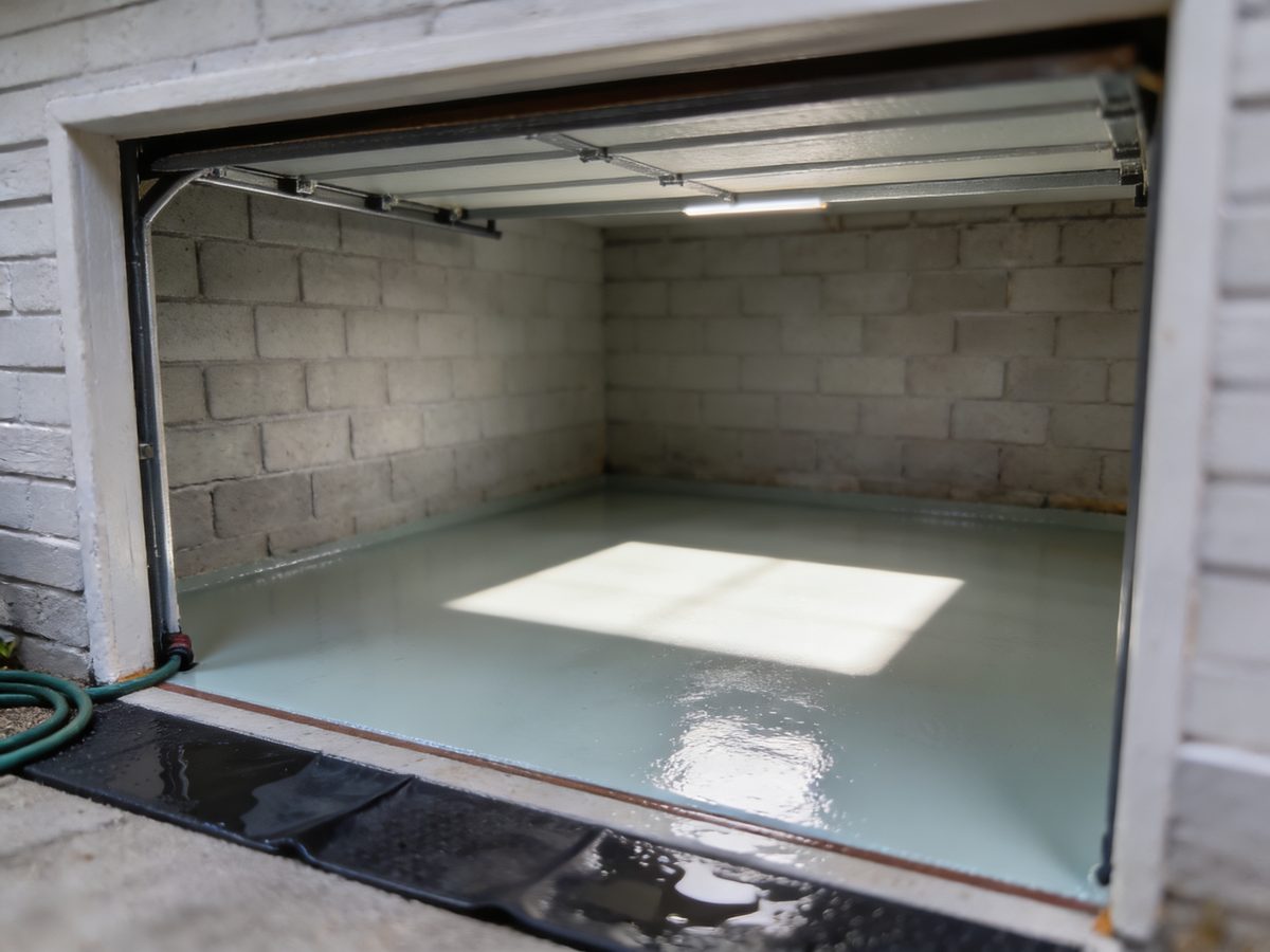 A single-bay attached garage with a light pearl-grey full-flake floor coating reflecting the open overhead door