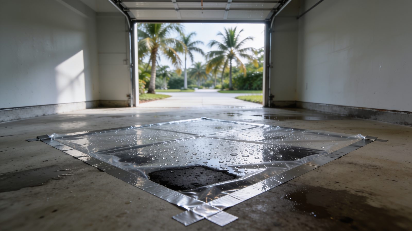 A square of clear plastic taped flat to a bare slab-on-grade garage floor with condensation beaded on its underside, the surrounding concrete dry and pale