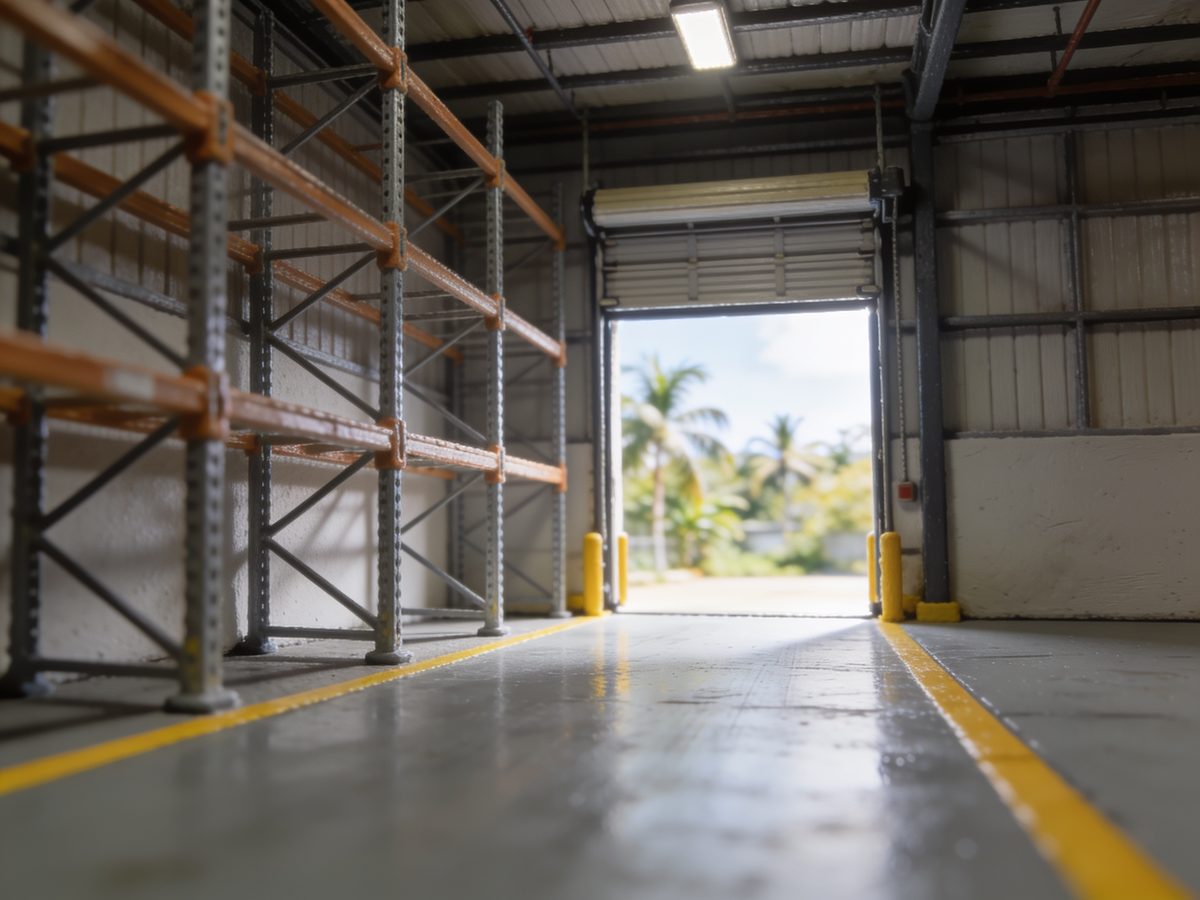 A light-industrial warehouse bay with a high-build epoxy floor, steel racking and yellow safety lane striping