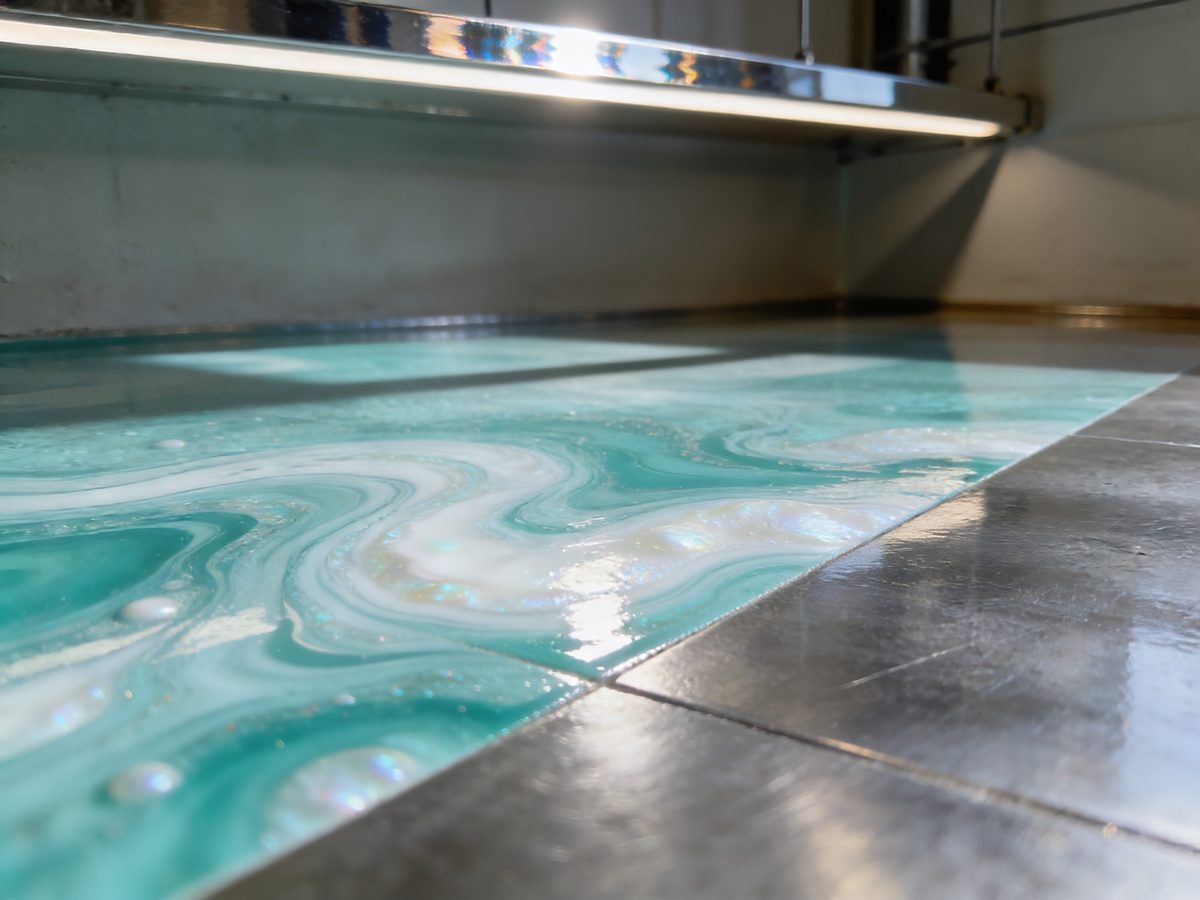 A metallic epoxy floor in turquoise and white pearl pigments under a high-gloss topcoat