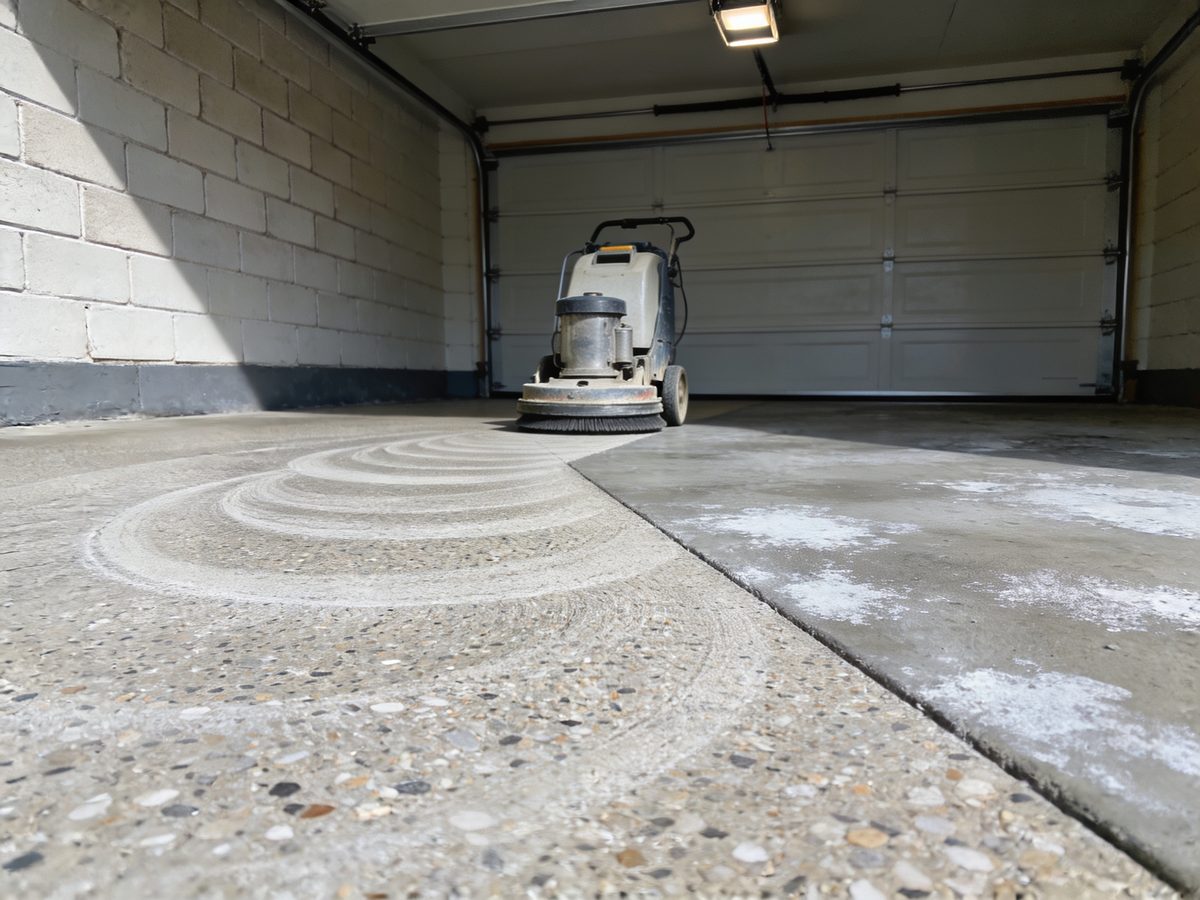 A slab part way through diamond grinding, freshly ground concrete meeting old sealed concrete with a chalky efflorescence bloom